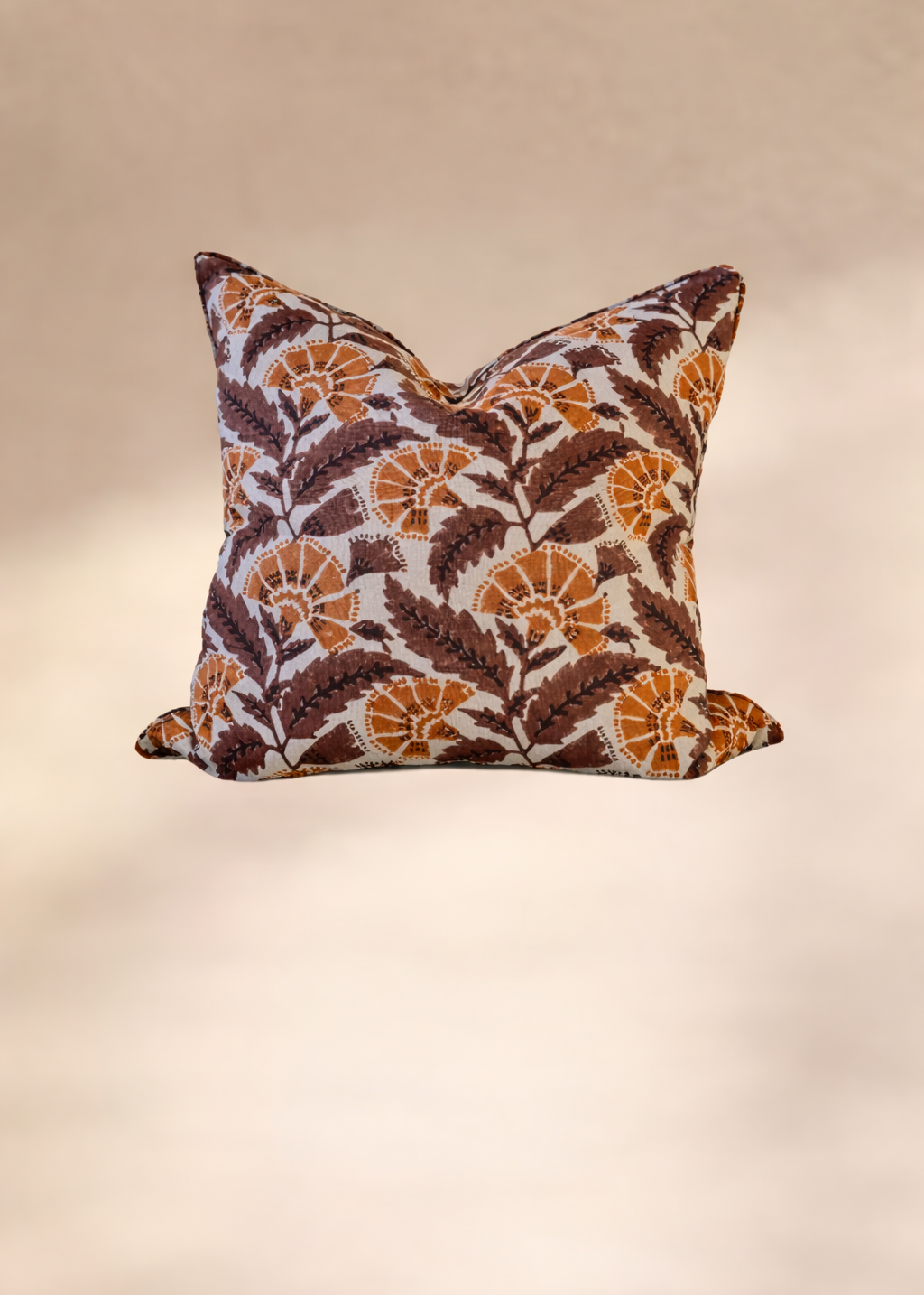 Ambient Fern Block Printed Linen Cushion - Brown 55cm