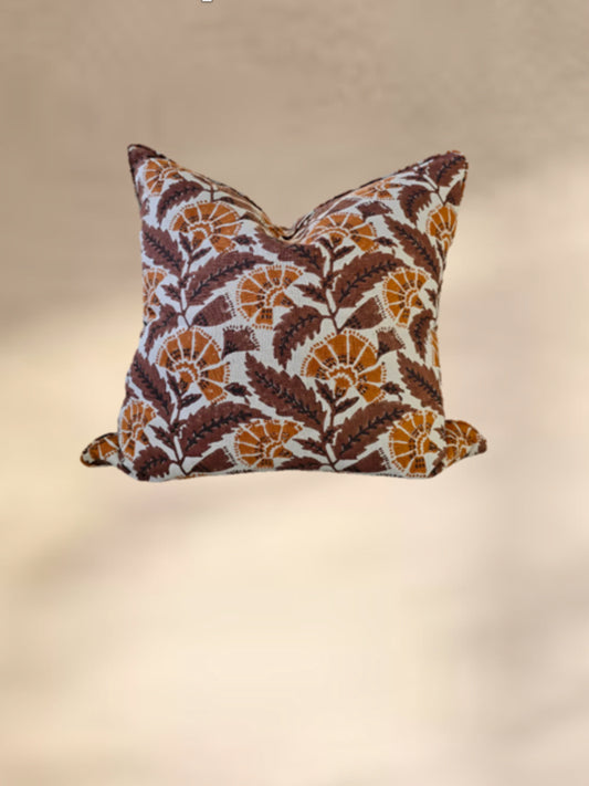 Ambient Fern Block Printed Linen Cushion - Brown 55cm