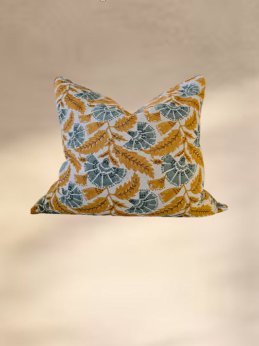 Ambient Fern Block Printed Linen Cushion -Blue/Green 55cm